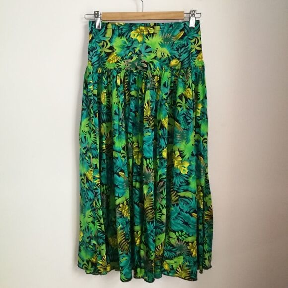 Vintage SLIX English Tropical Green Leaves Stretchy Midi Skirt Size Medium - Picture 3 of 11